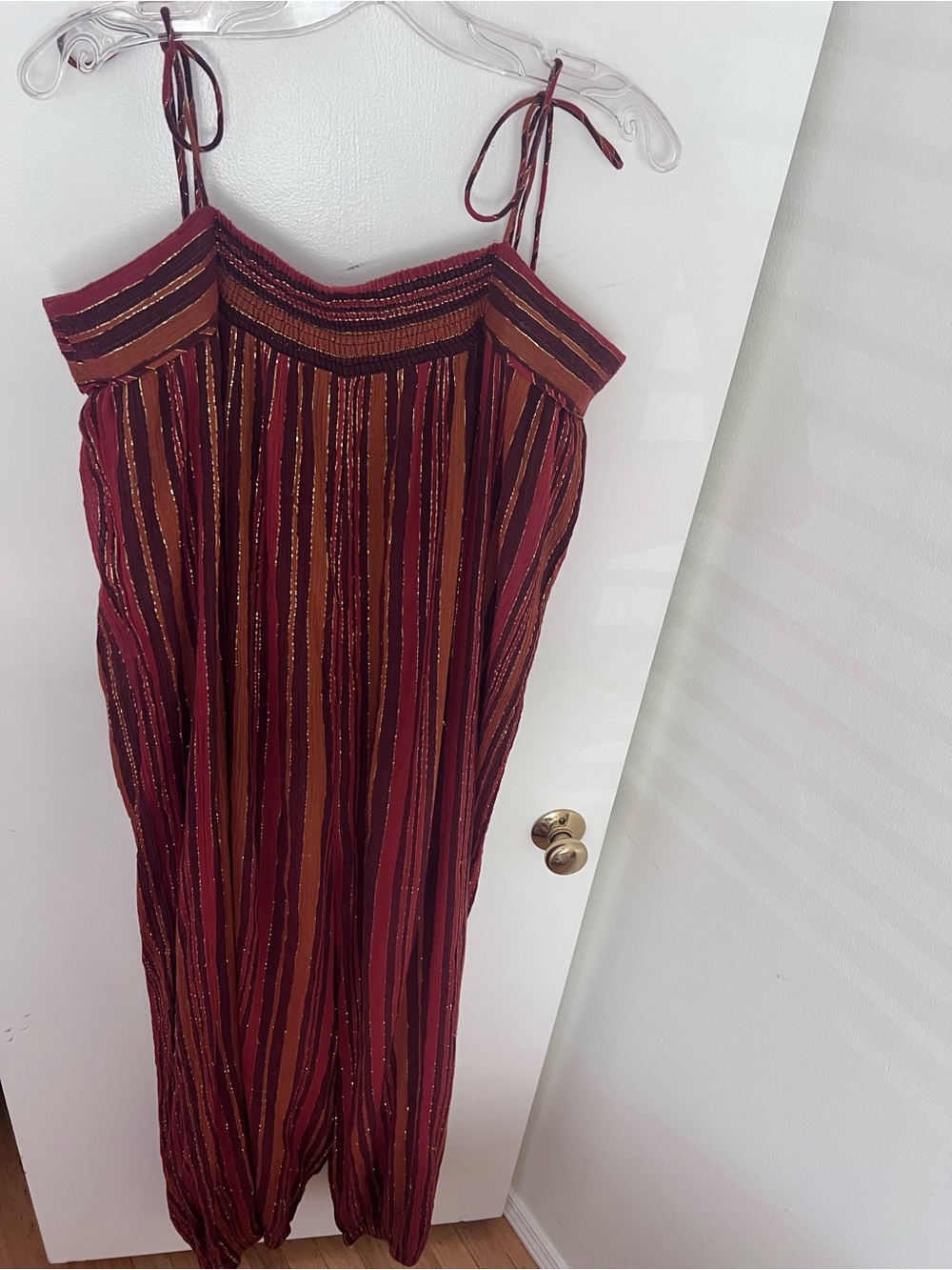 Free People Burgundy and Mettalic Gold Striped Tie-Shoulder, Wide Leg Jumpsuit